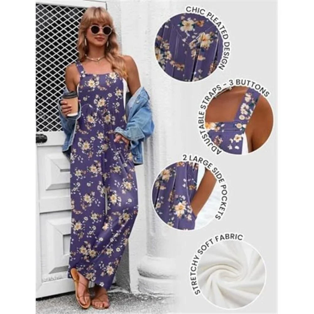 Women's Casual Overalls Loose Wide Leg Jumpsuit Summer Boho Baggy Romper - Picture 5 of 5